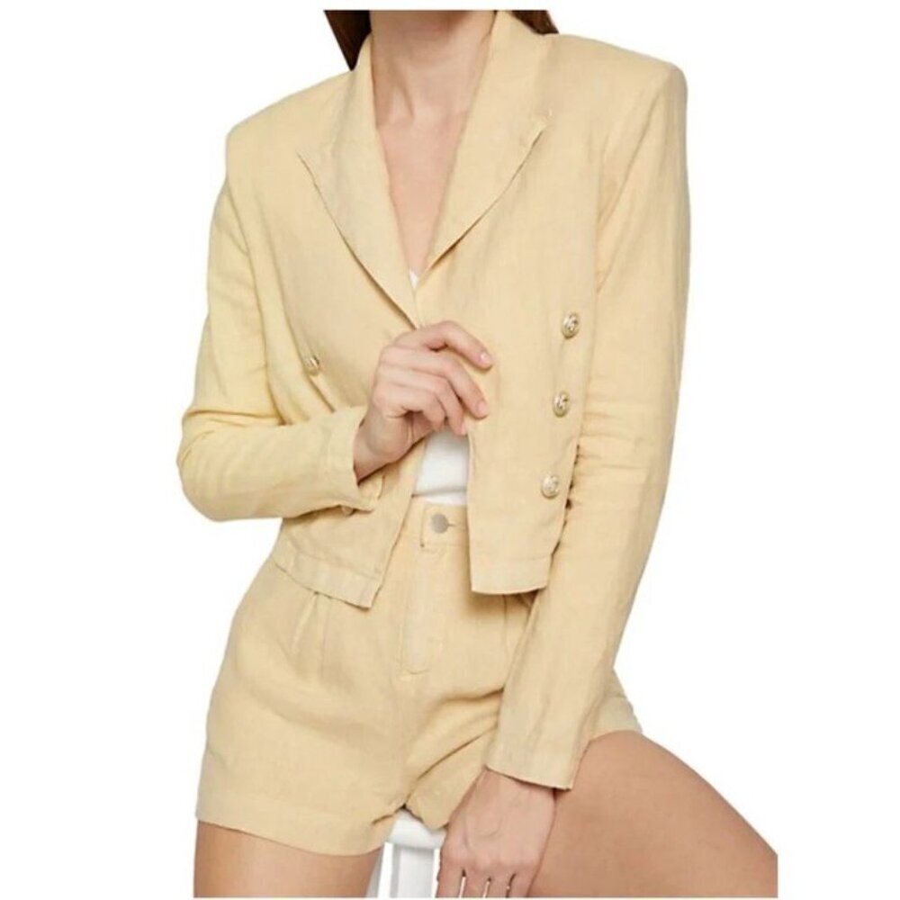 L'AGENCE Pale Yellow Cropped Double-Breasted Linen Blazer